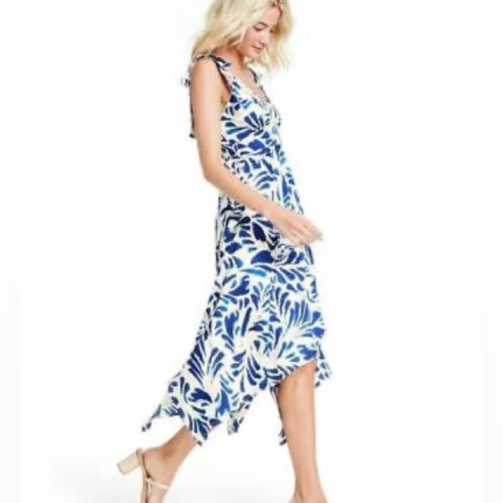 NWT ALEXIS for Target Botanical Tie Strap Asymmetrical Hem Dress Med, Blue/White - Picture 3 of 16